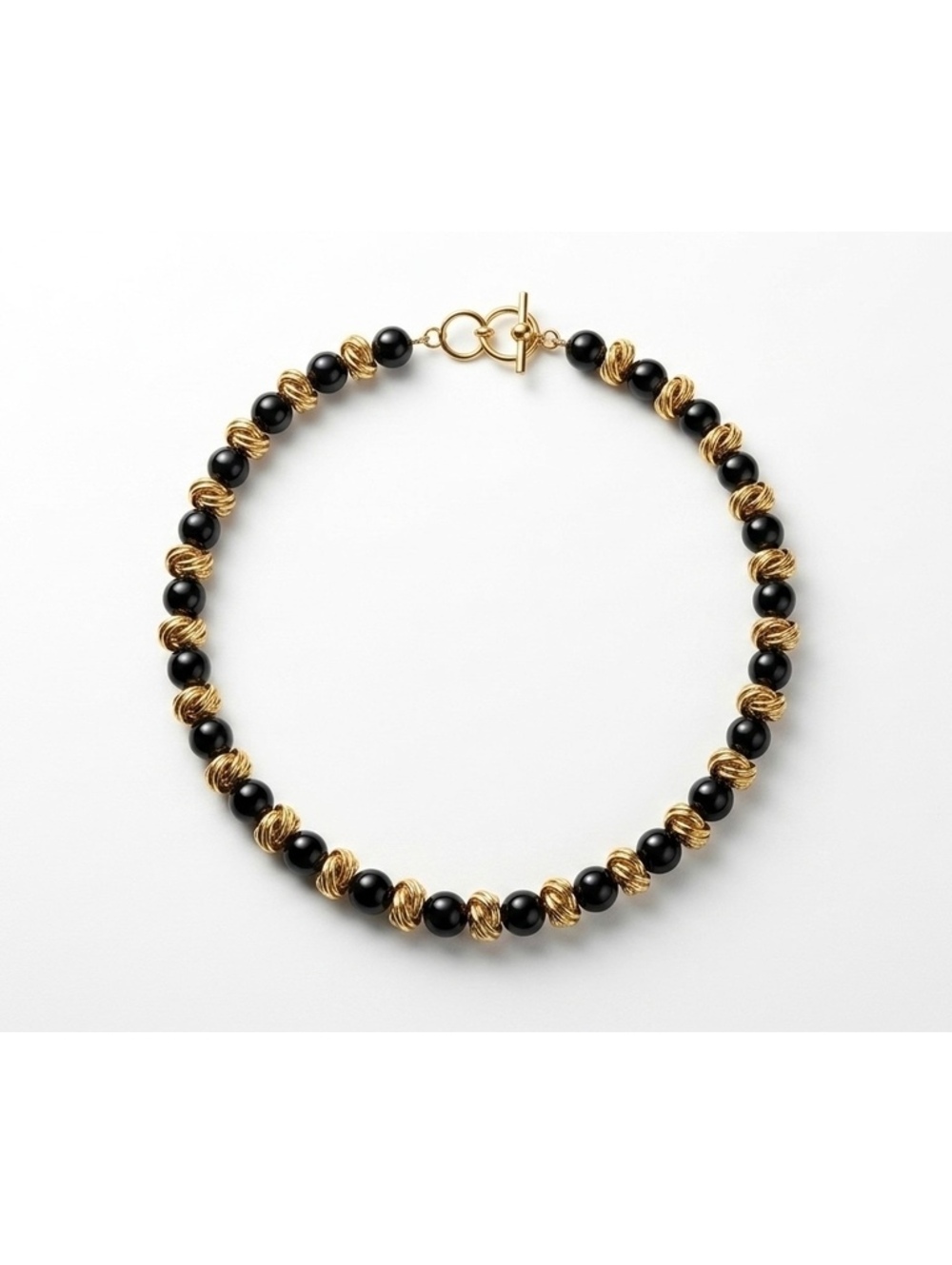 Anne Klein Gold Tone and Black Glass Beaded Necklace Wire Chain w/ Toggle Clasp